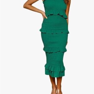 Green Ruffled Midi Dress in Size Small